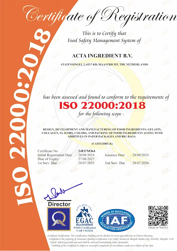 ISO 22000 certification — Acta Ingredient B.V.