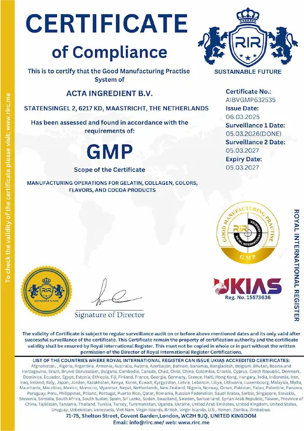 GMP certification — Acta Ingredient B.V.