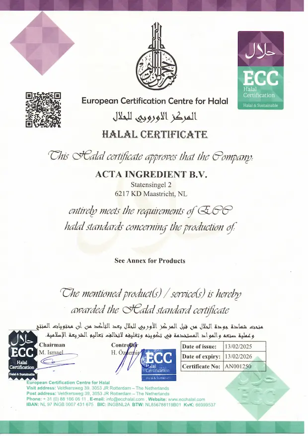 Halal certification — Acta Ingredient B.V.